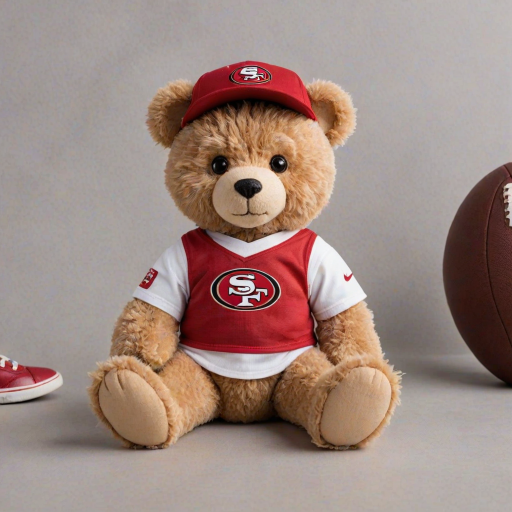 A cute and fluffy teddy bear dressed in a San Francisco 49ers-themed outfit, wearing a red cap with the 49ers logo, aviator sunglasses, and a white football jersey with red accents. The bear is also wearing casual jeans and red and white sneakers, while sitting in a relaxed pose with a football beside it. The teddy bear has a cool, laid-back attitude, with a sporty vibe. The background is clean and minimal, highlighting the bear as the main focus.