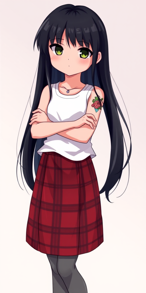 Create a detailed illustration of a young girl with long black hair, wearing a sleeveless white top, a red plaid skirt, and gray tights, standing confidently with her arms crossed, showcasing a tattoo on her arm, with a soft gradient background, captured using a Canon EOS R5, 50mm lens, f/1.8 aperture, ISO 100, with natural lighting to enhance colors and details.