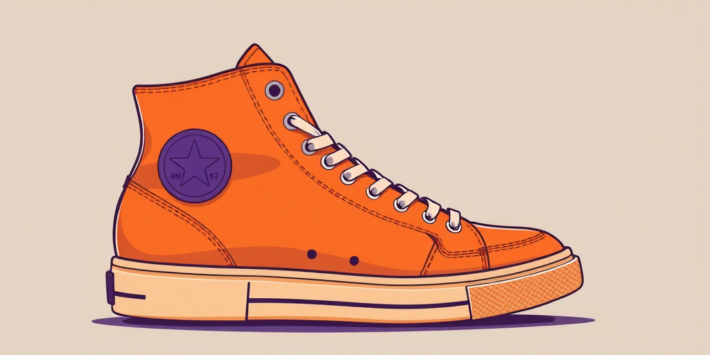 Create a high-resolution illustration of a stylized orange high-top sneaker with a purple circle on the side, using a 50mm lens, f/2.8 aperture, ISO 100, in a side view perspective with a soft focus background.