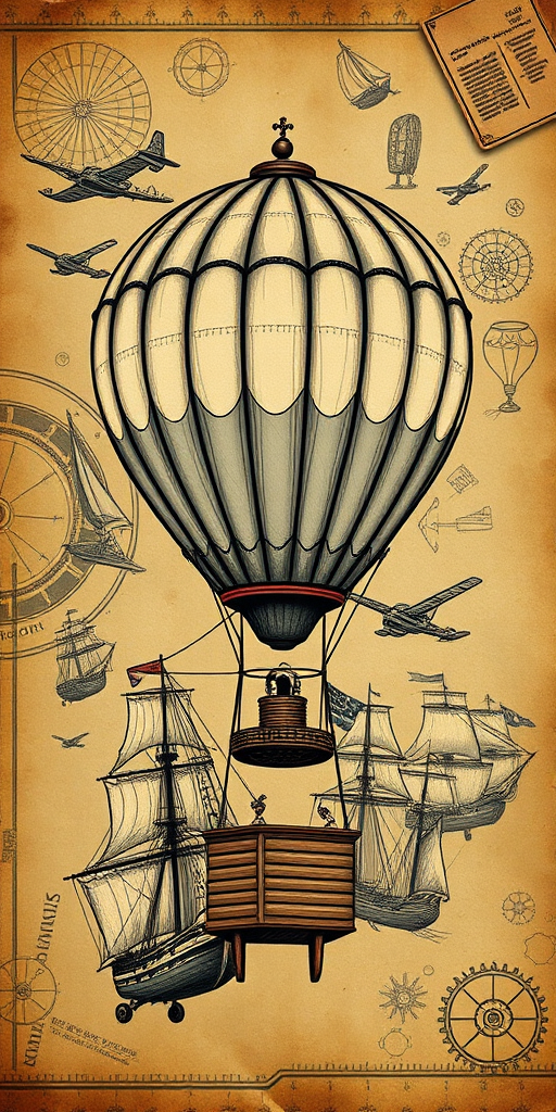 Create a vintage steampunk illustration featuring a hot air balloon surrounded by sailing ships and other flying machines, set against a textured parchment background with gears and sketches, taken with a Canon EOS R5 at f/2.8, ISO 100, 50mm lens, natural lighting for enhanced detail and depth.