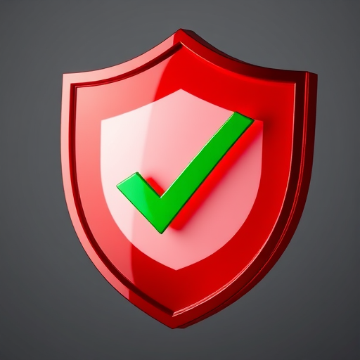 create a shiny red shield icon with a green check mark in the center, using a 50mm lens at f/2.8, ISO 100, high dynamic range, with a 3-point lighting setup and a soft-focus background to enhance image quality