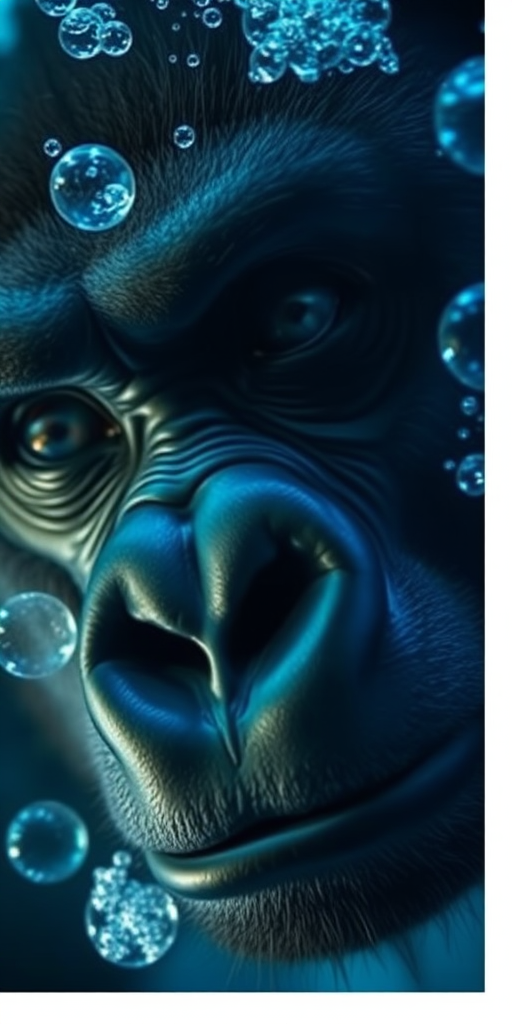 A close-up underwater shot of a gorilla's face with bubbles around, illuminated by soft blue lighting, using a DSLR camera with a 50mm lens at f/1.8, ISO 100, 1/200s shutter speed, capturing rich textures and details in high resolution.