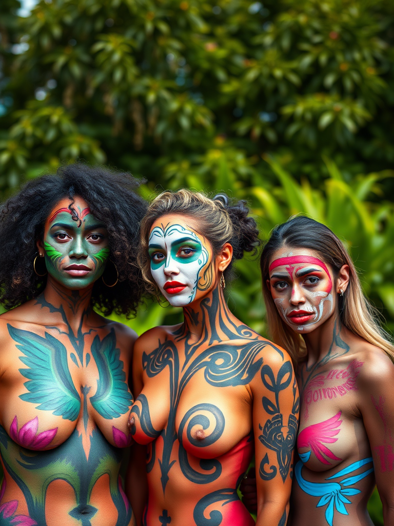 Generate an image of three women with artistic body paint in a vibrant outdoor setting, shot with a Canon EOS R5 camera at f/2.8, ISO 100, shutter speed 1/500s, using a wide-angle lens from a slightly low angle for a dynamic view, ensuring rich colors and high detail in the body art against a lush green background.