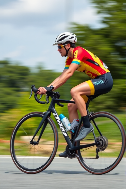 Create an image of a cyclist in motion, using a DSLR camera with a 50mm lens, aperture set to f/2.8 for a shallow depth of field, ISO 400, shutter speed 1/1000s, in a side view to capture the dynamic posture, with vibrant colors and crisp details.