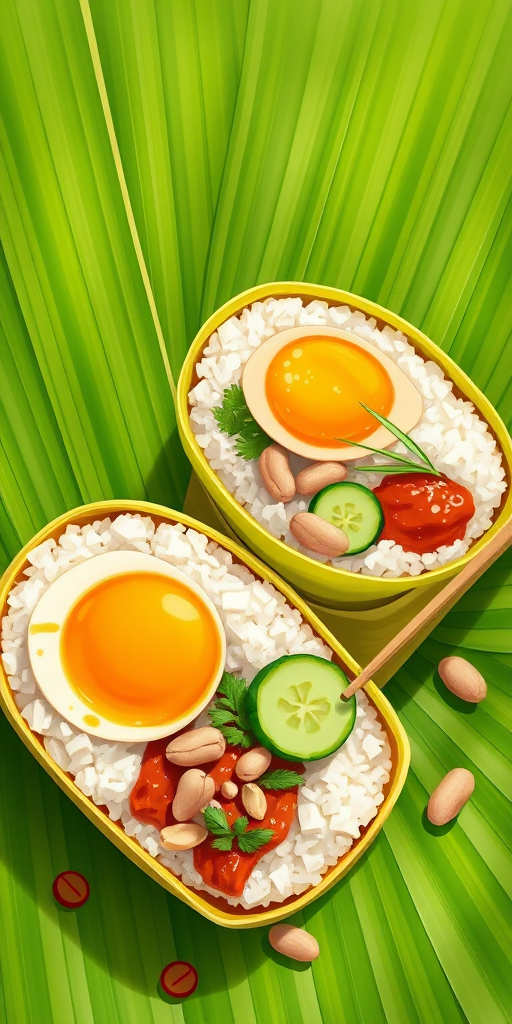 Create a detailed illustration of Nasi Lemak featuring two wrapped servings with coconut rice, a boiled egg, sambal, peanuts, and cucumber on a banana leaf background, captured with a DSLR camera at f/2.8 aperture, 50mm lens, and natural lighting for a vibrant, high-quality look.