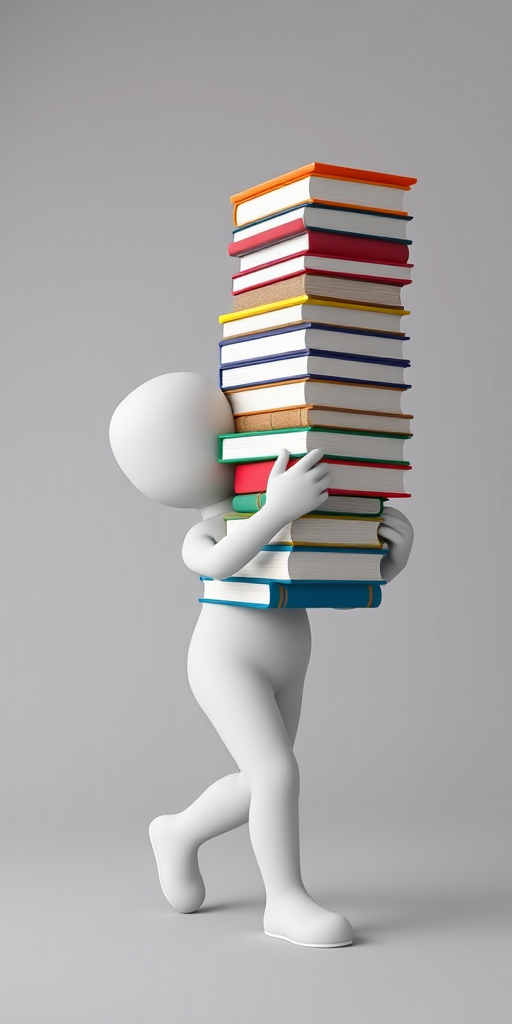 Create an image of a white 3D character carrying a tall stack of colorful books with a neutral background, shot with a Canon EOS R6 at f/4, ISO 100, 50mm lens, in portrait mode, using soft diffused lighting for an enhanced look.
