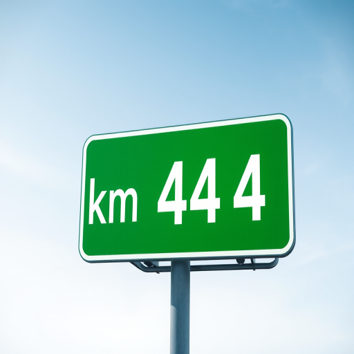 regenerate an image of a green kilometer sign displaying "km 44 4" with a clean and modern design, taken with a DSLR camera, aperture f/8, ISO 100, in landscape orientation, sharp focus, high-resolution.