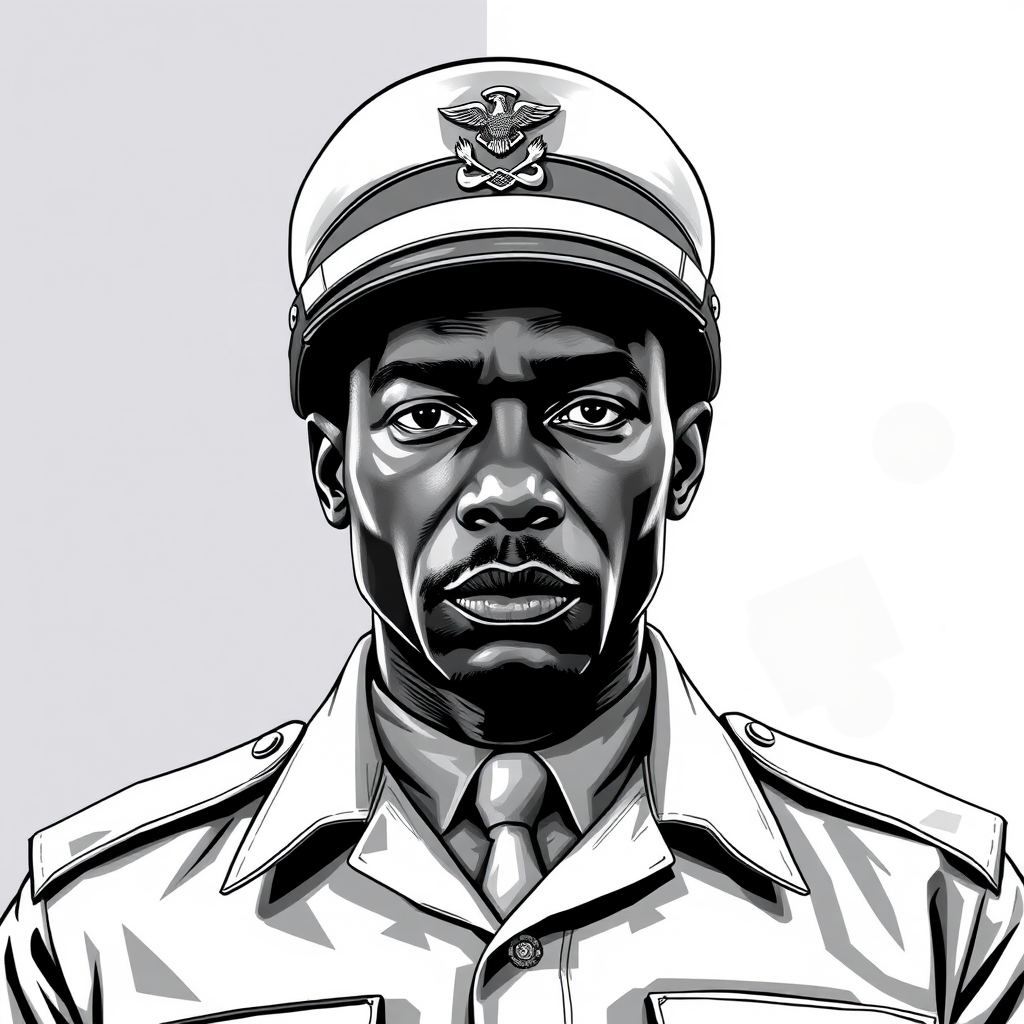 Create a high-contrast black and white illustration of a black military officer in uniform, captured from a frontal view, using a digital camera with f/8 aperture, ISO 100, 1/125 sec shutter speed, and a soft-focus lens to enhance details and clarity.