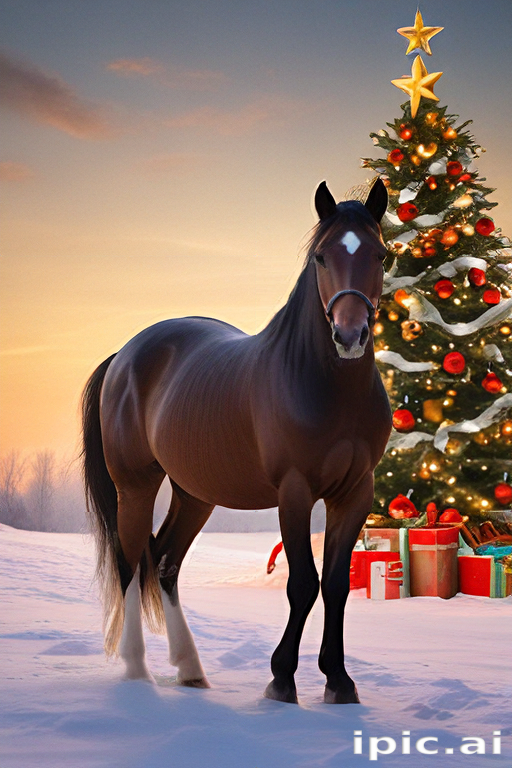 A Majestic Horse Standing Gracefully Beside a Festive Christmas Tree
