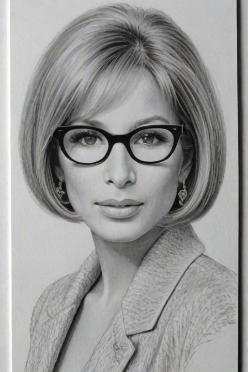 Wonderful Barbra Streisand, pencil sketch, portrait of Fetching woman 1965s in glasses, hair style beatnik, outline, clear lines, fine lines, 8k