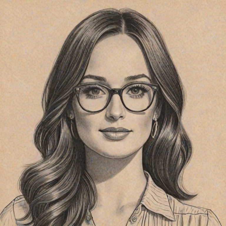 Delightful Kacey Musgraves, pencil sketch, portrait of Elegant woman 1937s in glasses, hair style beatnik, outline, clear lines, fine lines, 8k