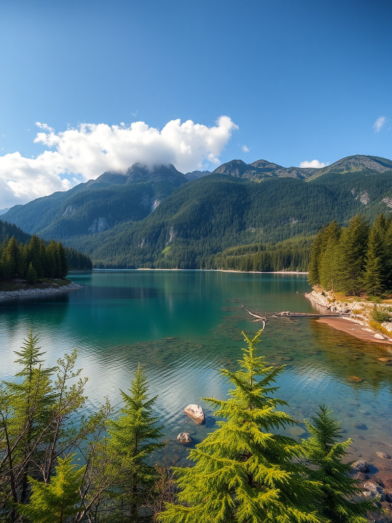 create a high-quality image of a serene landscape featuring a tranquil lake surrounded by lush green forests and mountains in the background, shot with a Canon EOS R5, 24mm, f/8 aperture, ISO 100, 1/125 sec, wide-angle view for enhanced depth and detail.