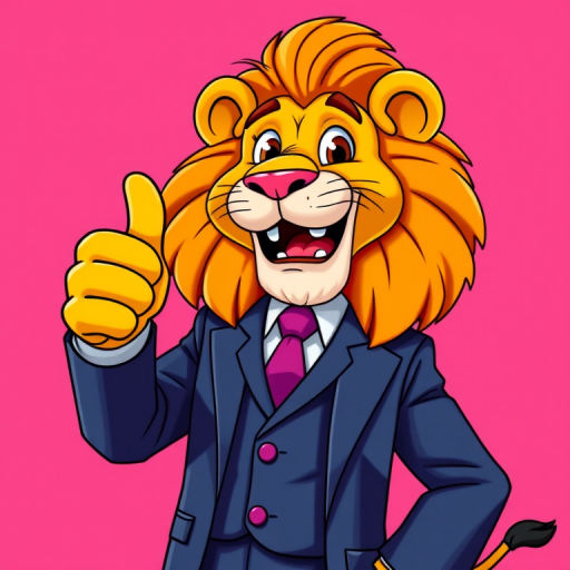 Create a vibrant cartoon character of a lion in a suit giving a thumbs up, with a bright pink background, using a Canon EOS R5, 50mm lens, aperture f/1.8, ISO 100, shot from a slightly low angle for a dynamic perspective.