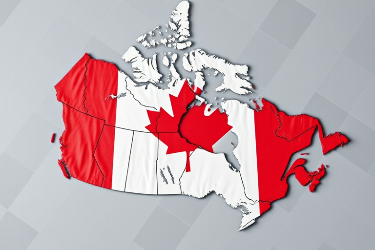 Create a high-resolution image of a stylized map of Canada overlaid with a red and white Canadian flag, using a DSLR camera with a 50mm lens, f/2.8 aperture, ISO 100, natural light, and a top-down view for clarity and detail.
