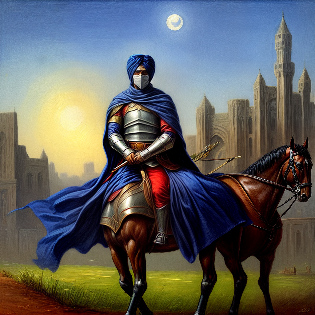 Arab knight masked painting night moonlight angry big turban sword