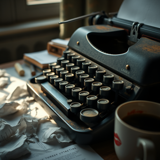 Close-up of an old typewriter with dusty keys, soft light from a window illuminating the machine, with crumpled papers scattered around the desk and a coffee cup with a lipstick stain.