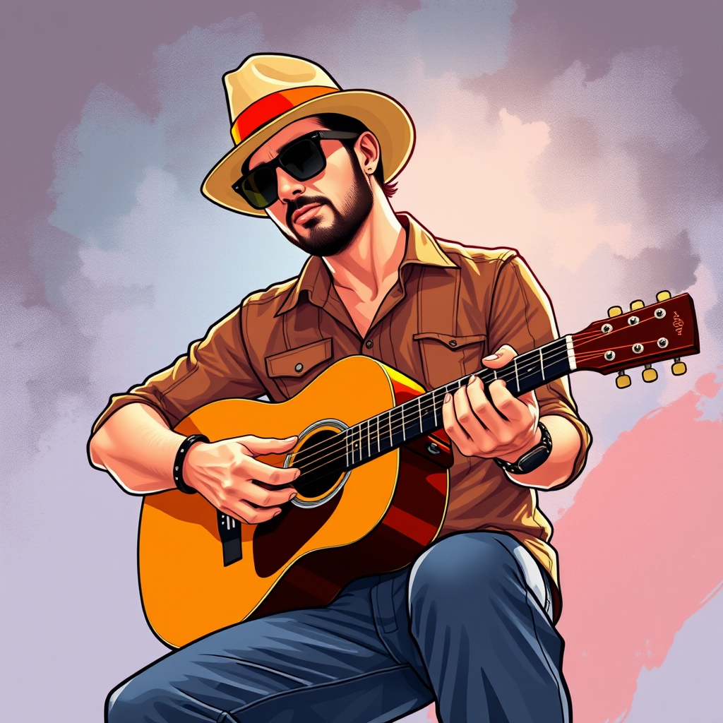 Create an illustration of a man playing acoustic guitar, wearing sunglasses and a fedora hat with an orange band, in a vibrant style, using a high-resolution digital camera setup with a focal length of 50mm, aperture set at f/2.8, ISO 100, shot from a low angle for a dynamic perspective, emphasizing rich colors and bold outlines to enhance the image quality.