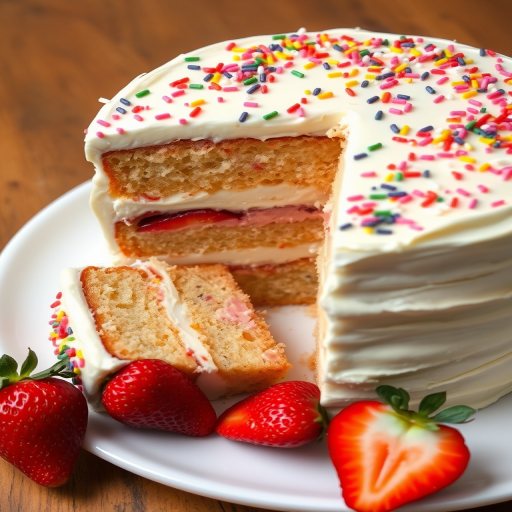 A delicious layered cake with a creamy white frosting and colorful sprinkles on top served on a white plate with a slice cut out revealing strawberry and vanilla layers accompanied by fresh strawberries on the side.