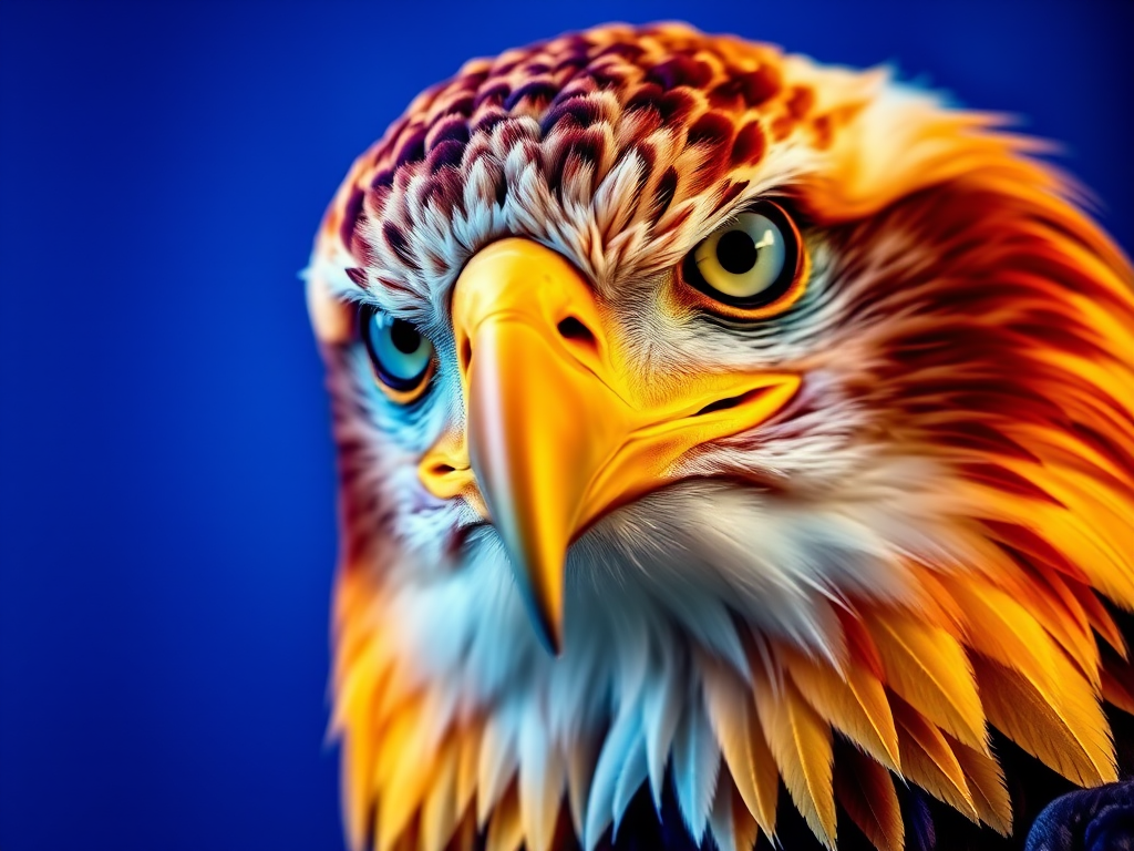 Create a vivid portrait of an eagle in bright, surreal colors against a blue background, using a 50mm lens, f/1.8 aperture, ISO 100, and 1/500 shutter speed, captured in a close-up style with a focus on texture and detail.
