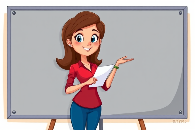 Create an illustration of a cartoon woman with brown hair wearing a red shirt and blue pants, holding a piece of paper and gesturing to a gray presentation board, using a digital art style, with a focus on vibrant colors and clear lines, captured from a frontal perspective, with a resolution of 300 DPI to enhance image quality.