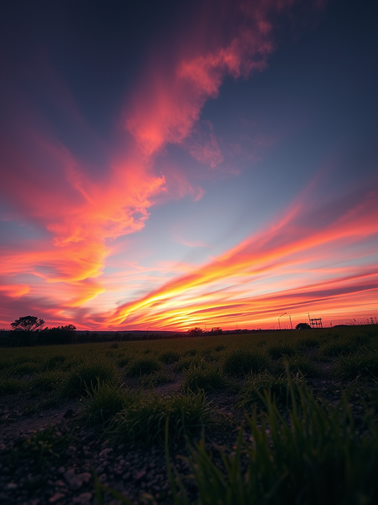Create a high-resolution image of a serene landscape at sunset with vibrant colors using a Canon EOS R5, 24mm lens, aperture f/8, ISO 100, and a low-angle view to capture the foreground details and dramatic sky.