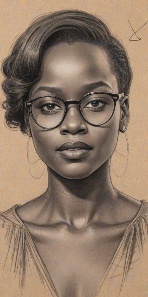 Lovely Lupita Nyong'o, pencil sketch, portrait of Bewitching woman 1927s in glasses, hair style beatnik, outline, clear lines, fine lines, 8k