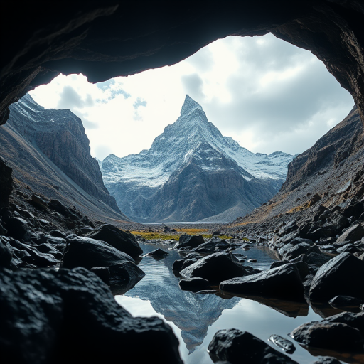 Regenerate a high-resolution landscape image of a dramatic mountain scene viewed from a cave, emphasizing the contrast between light and shadow, using a DSLR camera setting of f/11 aperture, 1/250 shutter speed, ISO 100, with a wide-angle lens at 18mm, capturing vibrant colors and detailing in the rocks and water reflection.