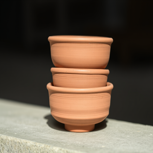 Create a high-resolution image of three traditional clay bowls stacked, captured with a Canon EOS R5 using a 50mm lens at f/1.8, ISO 100, with a shallow depth of field and natural lighting for enhanced texture and detail.