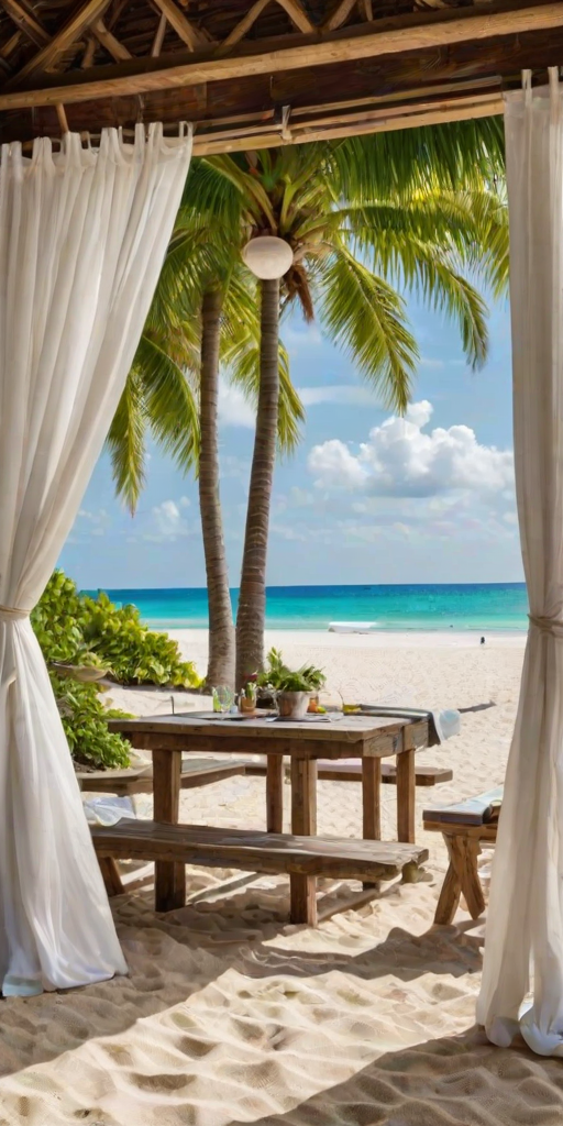 Create a picturesque tropical beach scene featuring a serene, white sandy shore. In the foreground, there's a rustic wooden canopy with white drapes gently flowing in the breeze. Underneath the canopy, a table is set with tropical decor, evoking a sense of relaxation and leisure. The beach extends into a calm, shallow water area with reflections of the sky and surroundings. Palm trees and lush greenery line the edge of the beach, providing a natural, tropical backdrop. The sky is clear with a few scattered clouds, and the overall atmosphere is tranquil and inviting, perfect for a peaceful retreat.