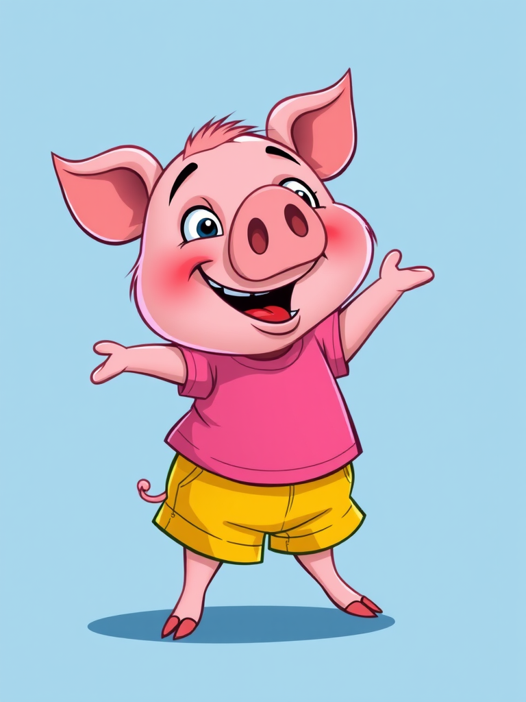 Create a vibrant cartoon illustration of a playful pig character wearing a pink shirt and yellow shorts, with exaggerated facial features and a whimsical pose, using a digital drawing style, set against a solid color background, with a resolution of 300 dpi, using a wide-angle lens and soft focus effect to enhance details and depth.