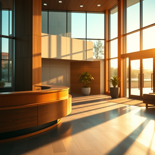 interior of a modern lobby with wooden elements and natural light streaming through large glass doors, warm color palette, shadows creating patterns on the floor, captured with a Canon EOS R5, 35mm lens, f/1.8 aperture, ISO 100, golden hour lighting, shallow depth of field for enhanced detail