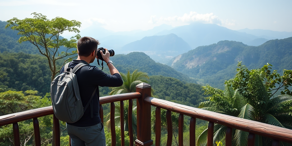 A photographer standing by a wooden railing on a mountain overlook, capturing the landscape with a camera, surrounded by lush greenery and misty mountains in the background, taken with a Canon EOS R5, 24mm lens, f/8 aperture, ISO 100, and a shutter speed of 1/200 sec, in natural light.