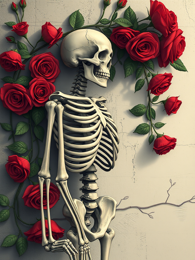 Create a detailed illustration of a skeleton leaning against a wall adorned with classic red roses, capturing intricate bone structure and floral detail using a Canon EOS R with a 50mm f/1.8 lens, aperture set to f/4, ISO 100, shot at shallow depth of field for a soft background blur.