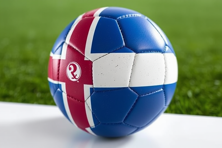 Create a high-resolution image of a soccer ball featuring the Faroe Islands flag, captured with a DSLR camera using a 50mm lens at f/2.8, 1/1000s shutter speed, ISO 100, shot from a 45-degree angle to highlight the texture and colors.