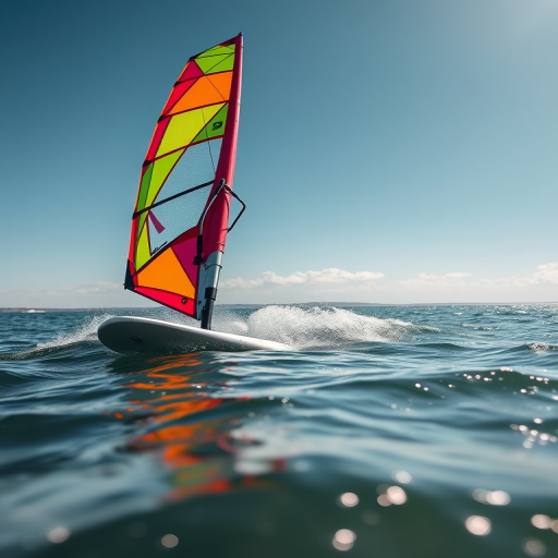 Create a high-resolution image of a windsurfing board with a vibrant sail, captured from a low angle to emphasize the dynamic motion, using a DSLR camera at f/8 aperture, 1/1000 shutter speed, ISO 200, and natural light for enhanced clarity and color saturation.