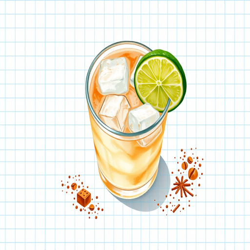 Generate an illustration of a Caipirinha cocktail with ice cubes, half a lime, white rum, and brown sugar on a grid paper background, captured with a Canon EOS R5 at f/2.8, 1/125 sec, ISO 100, using a top-down view with a watercolor style.