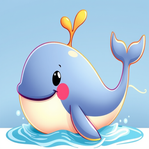 Generate a colorful cartoon whale with a playful expression and water spout, using a high-resolution camera with a focal length of 35mm, aperture set to f/8 for depth of field, in a vibrant digital illustration style.
