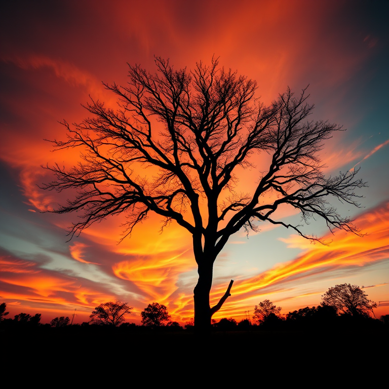Create a high-resolution image of a silhouetted tree against a vibrant sunset sky, using a Canon EOS R5 with an aperture of f/8, ISO 100, shutter speed 1/250s, shot from a low angle, in landscape orientation, utilizing a wide-angle lens for a dramatic effect.