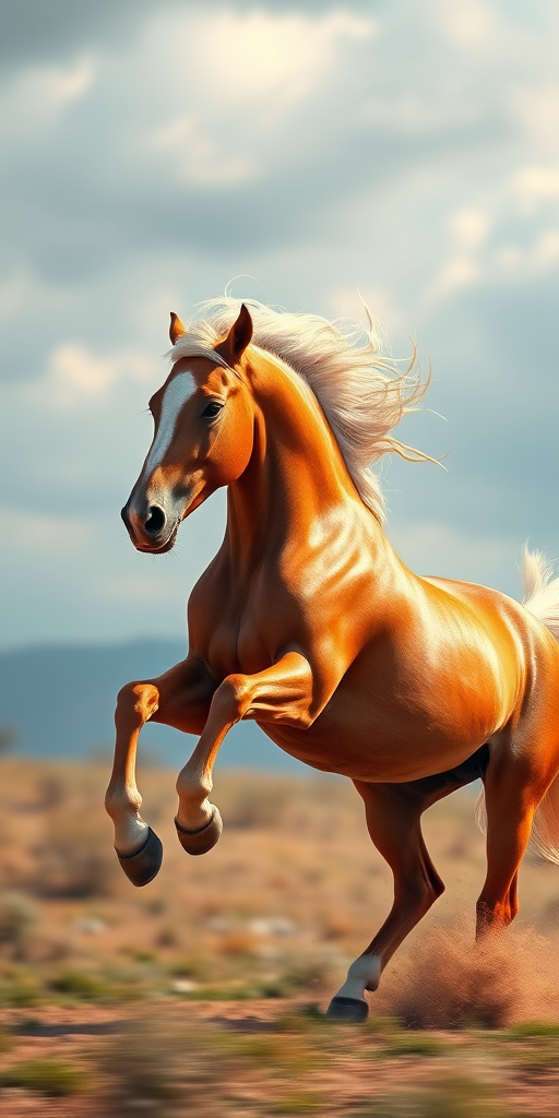 Create a high-resolution digital painting of a majestic horse in mid-gallop, using a Canon EOS R5 with a 50mm f/1.2 lens, aperture set to f/4, ISO 100, and shutter speed of 1/500s, capturing a side view with vibrant colors and intricate details on the horse's coat and mane.