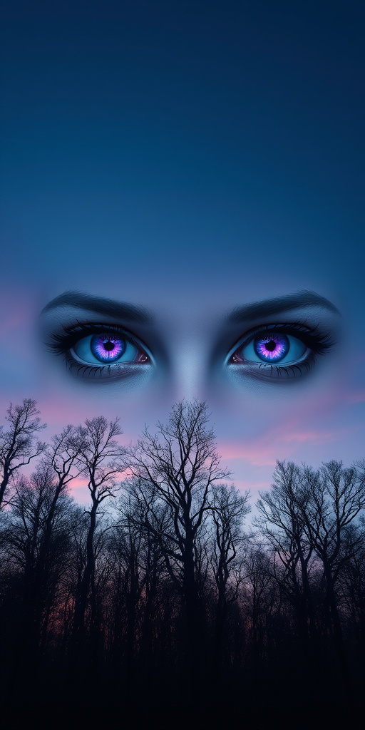 Create an ethereal landscape featuring a pair of striking violet eyes superimposed over a deep, surreal forest with leafless trees against a twilight sky, using a Canon EOS R5, 50mm lens, aperture f/1.8, ISO 100, and a high dynamic range imaging style.
