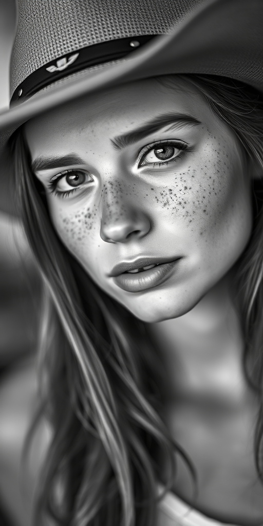 portrait of a young woman with freckles wearing a cowboy hat, shallow depth of field, natural lighting, 50mm lens, f/1.8, ISO 200, captured with a DSLR camera, high contrast black and white style