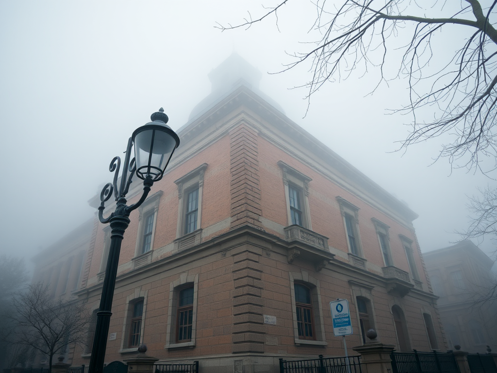 Capture a foggy scene of a historic building with a streetlamp in the foreground, using a Canon EOS R5 with a 50mm lens, aperture f/1.8, ISO 200, shutter speed 1/125s, low angle view for depth, natural light for a soft ambiance.