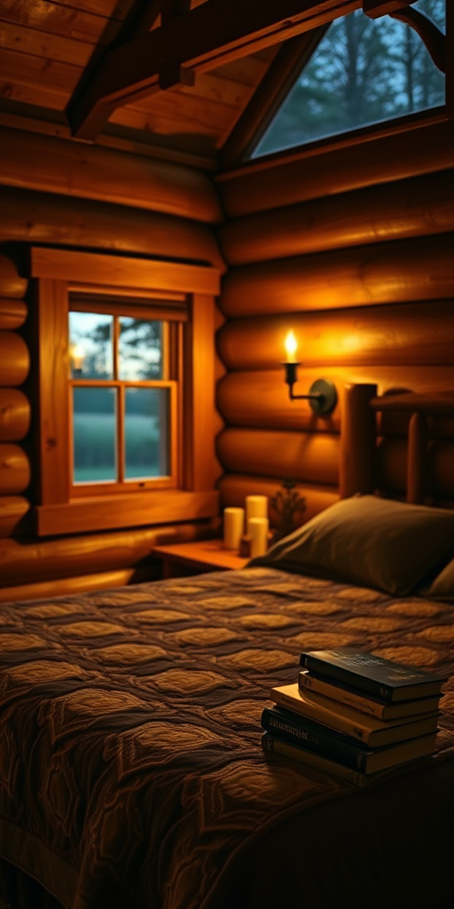 Warmly lit photo of a cozy cabin bedroom at dusk, with soft candlelight casting warm shadows on the wooden walls, a quilted bedspread, and a stack of novels on the bedside table.