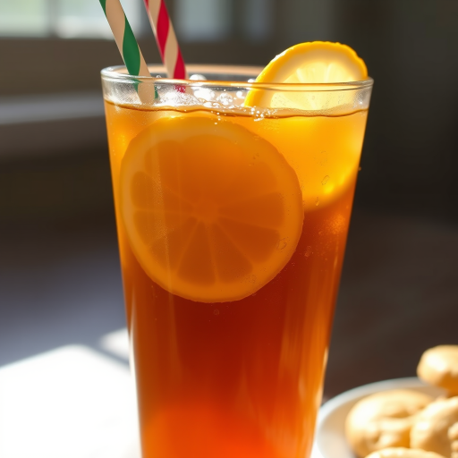 Close-up of a glass of iced tea with lemon slices, soft sunlight highlighting the condensation on the glass, with a colorful straw and a plate of cookies nearby.