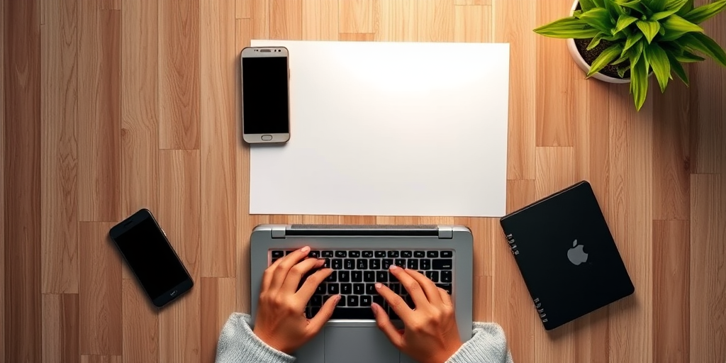Create an overhead view of a workspace featuring a laptop with hands typing, a smartphone beside it, and a blank sheet of paper, using a Canon EOS R5 camera, 50mm lens, aperture f/1.8, ISO 200, and a soft diffused lighting setup for even illumination.