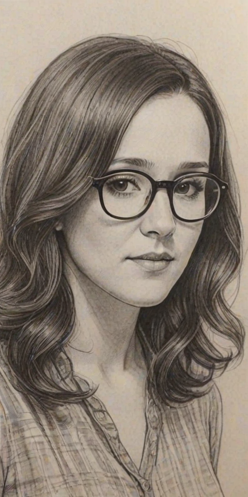 Gorgeous Shannon Woodward, pencil sketch, portrait of Bewitching woman 1938s in glasses, hair style beatnik, outline, clear lines, fine lines, 8k