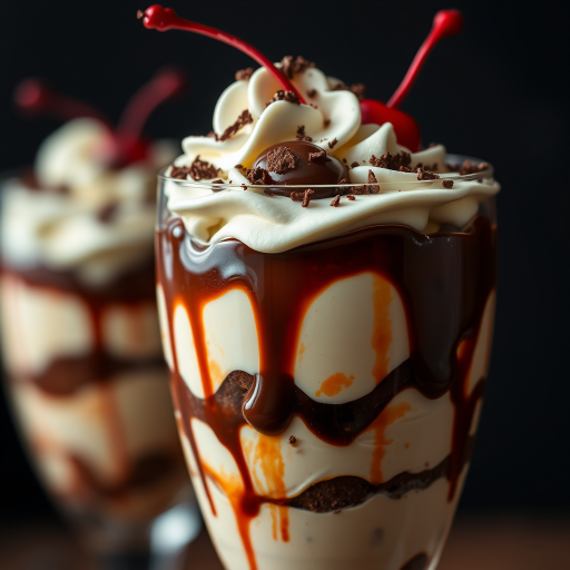 A high-resolution close-up shot of a layered dessert in a glass, featuring whipped cream, chocolate sauce, cherries, and chocolate shavings, captured with a Canon EOS R5, 85mm lens, f/1.8, ISO 100, with soft lighting to enhance textures and colors against a dark background.