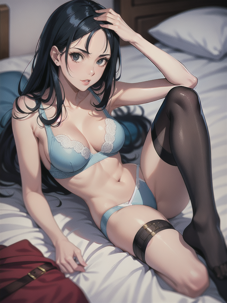 one piece anime nico robin taking off her bra laying on bed face down legs spread