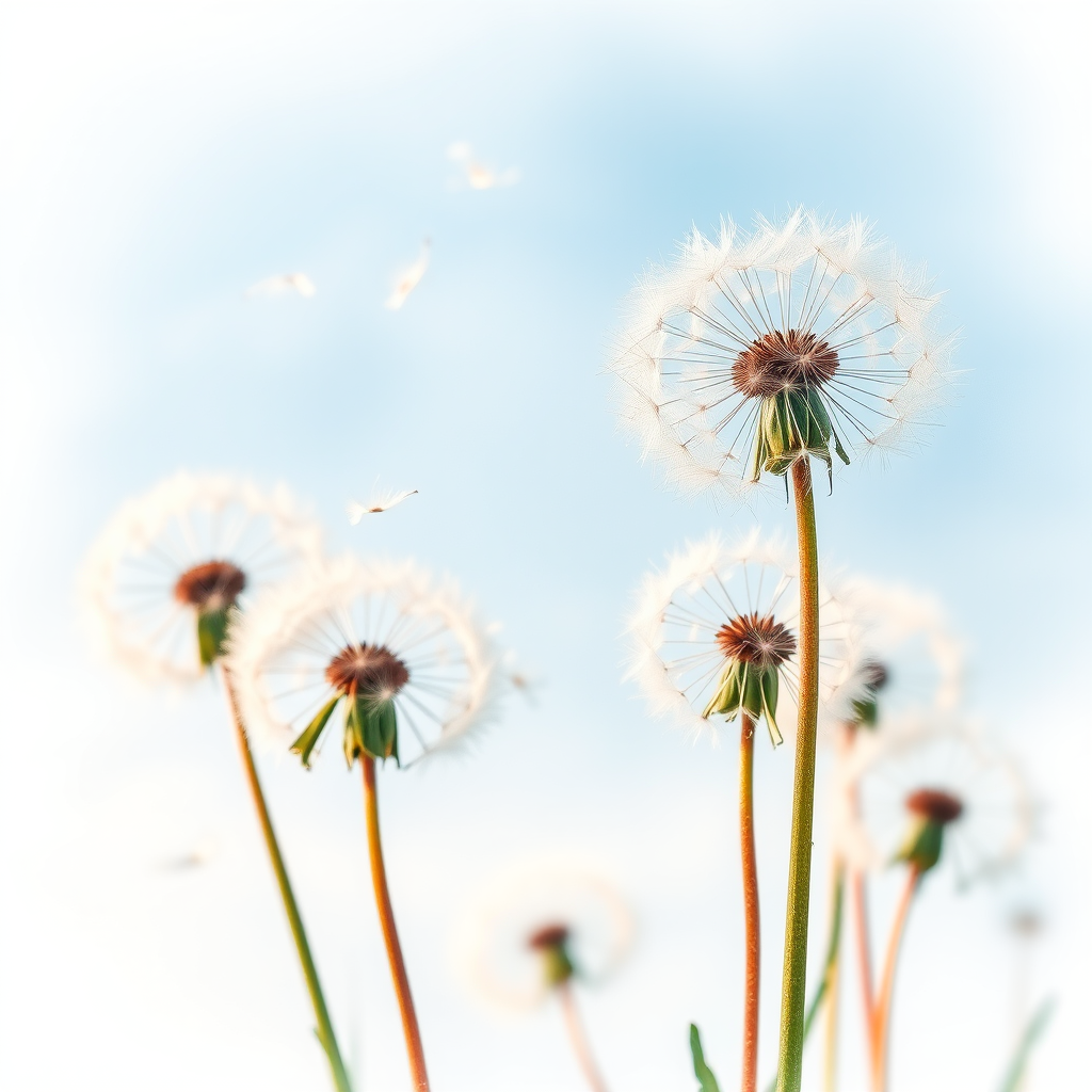 Watercolor illustration of dandelions blowing in the wind against a soft blue sky, focus on the delicate details of the flowers and the gentle movement of seeds, shot with a Canon EOS R5, aperture f/2.8, shutter speed 1/100s, ISO 100, using a shallow depth of field to enhance foreground clarity while softly blurring the background.
