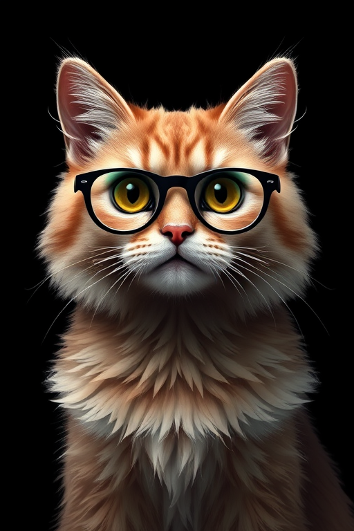 Regenerate a digital illustration of a cat wearing glasses, with a fluffy, detailed fur texture, set against a solid black background, using a DSLR camera, 50mm lens, aperture f/1.8, ISO 100, and soft lighting for enhanced sharpness and clarity.